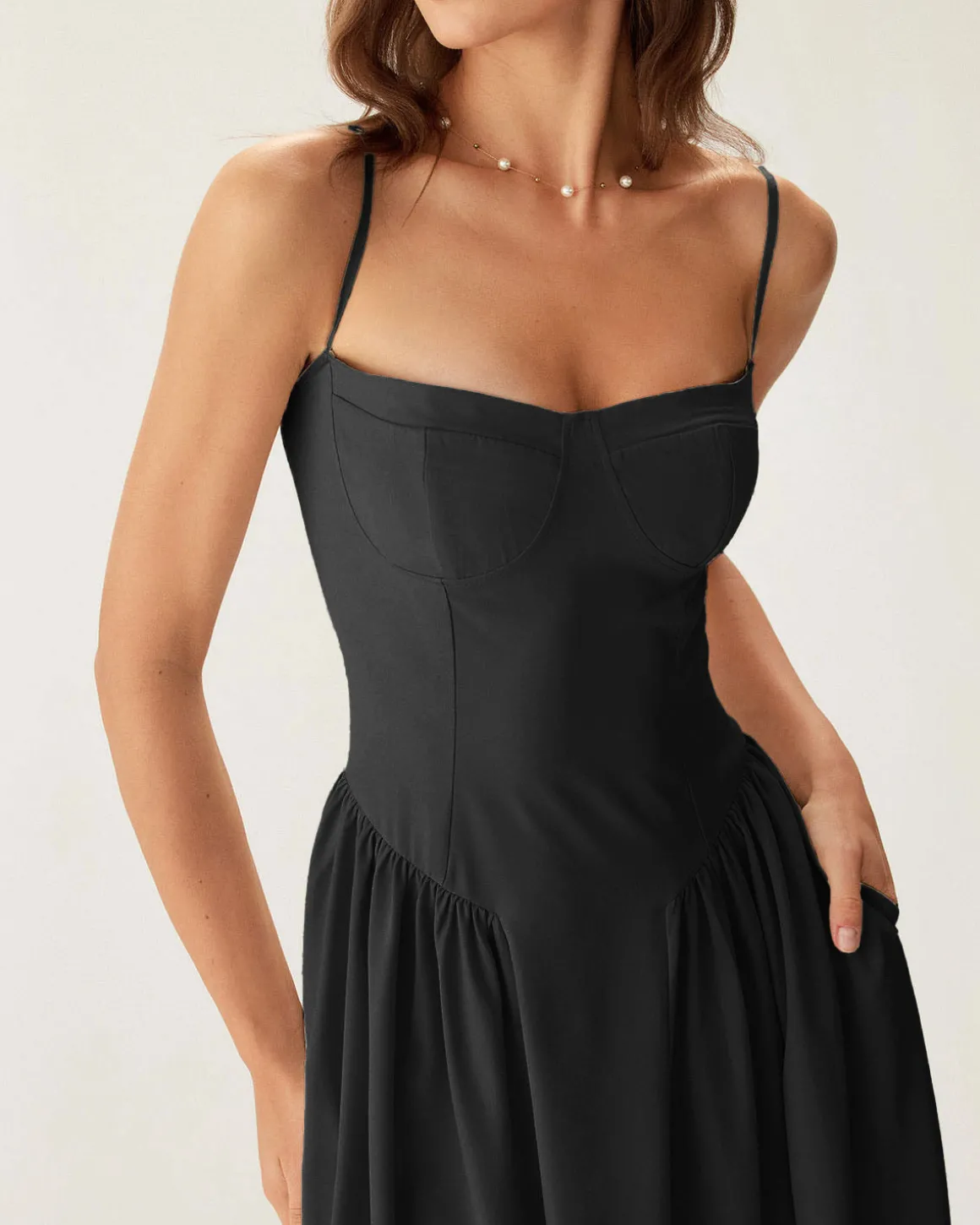 Black Square Neck Pocket Slip Midi Dress