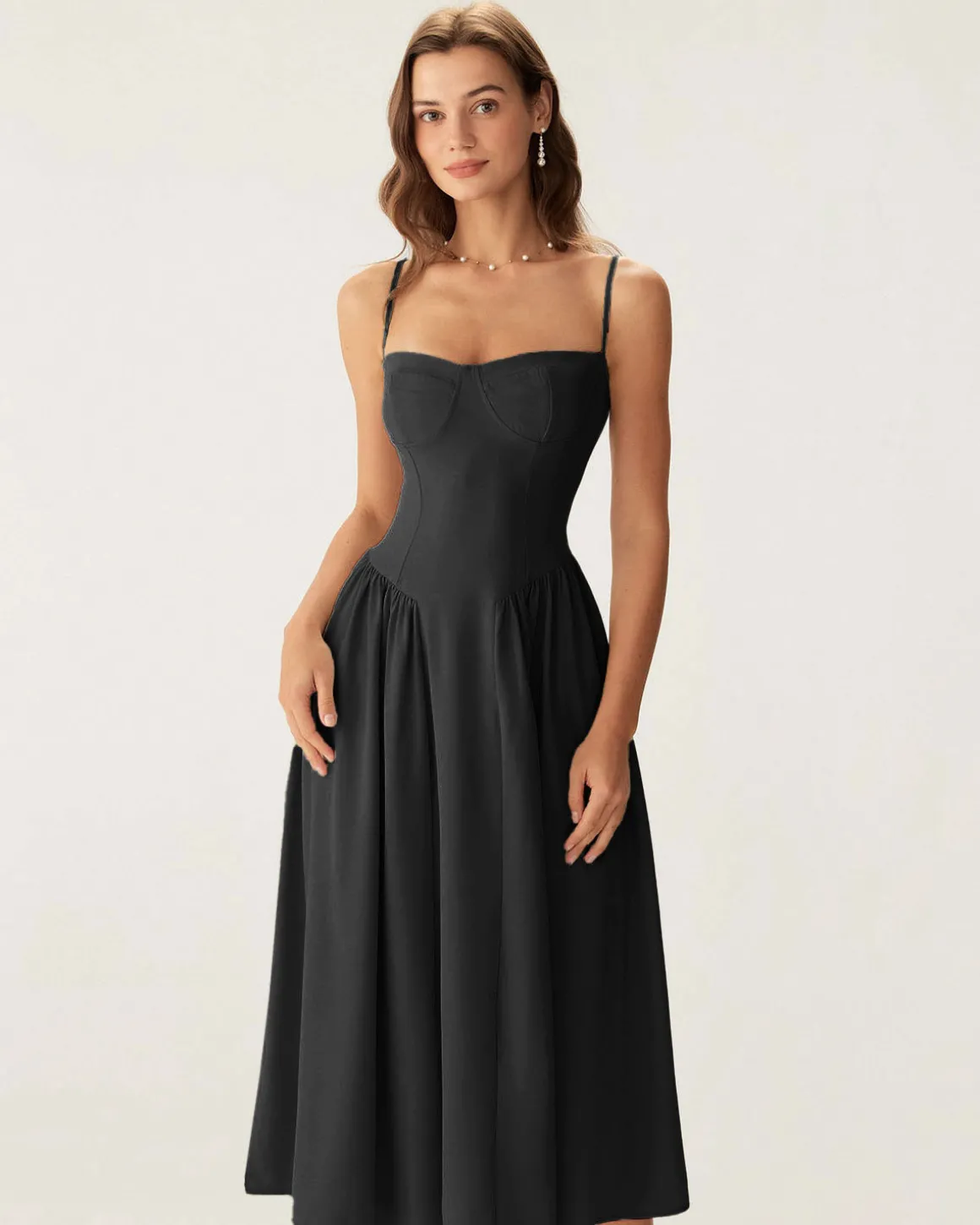 Black Square Neck Pocket Slip Midi Dress