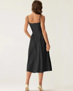Black Square Neck Pocket Slip Midi Dress