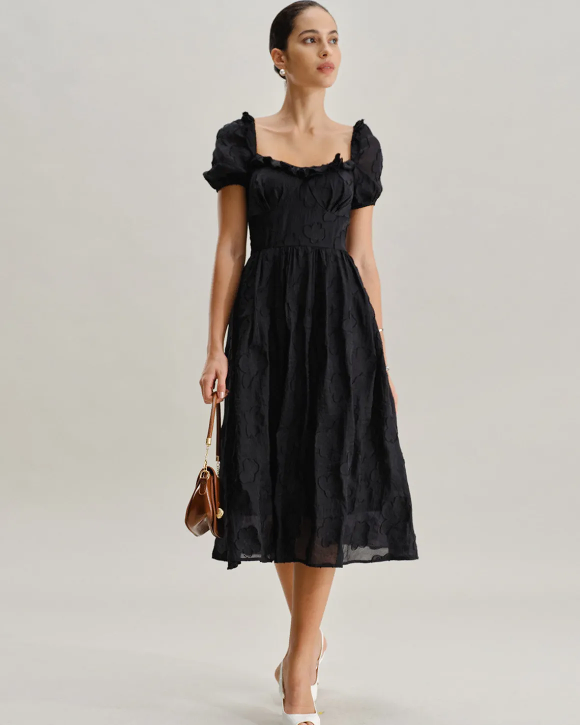 Black Square Neck Puffed Sleeve Midi Dress