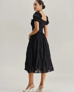 Black Square Neck Puffed Sleeve Midi Dress