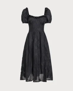 Black Square Neck Puffed Sleeve Midi Dress