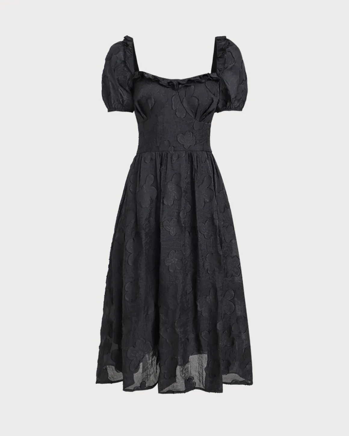 Black Square Neck Puffed Sleeve Midi Dress