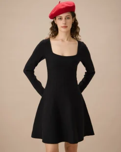 Black Square Neck Ribbed Sweater Dress