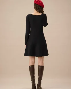 Black Square Neck Ribbed Sweater Dress
