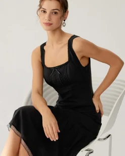 Black Square Neck Ruched Slip Midi Dress