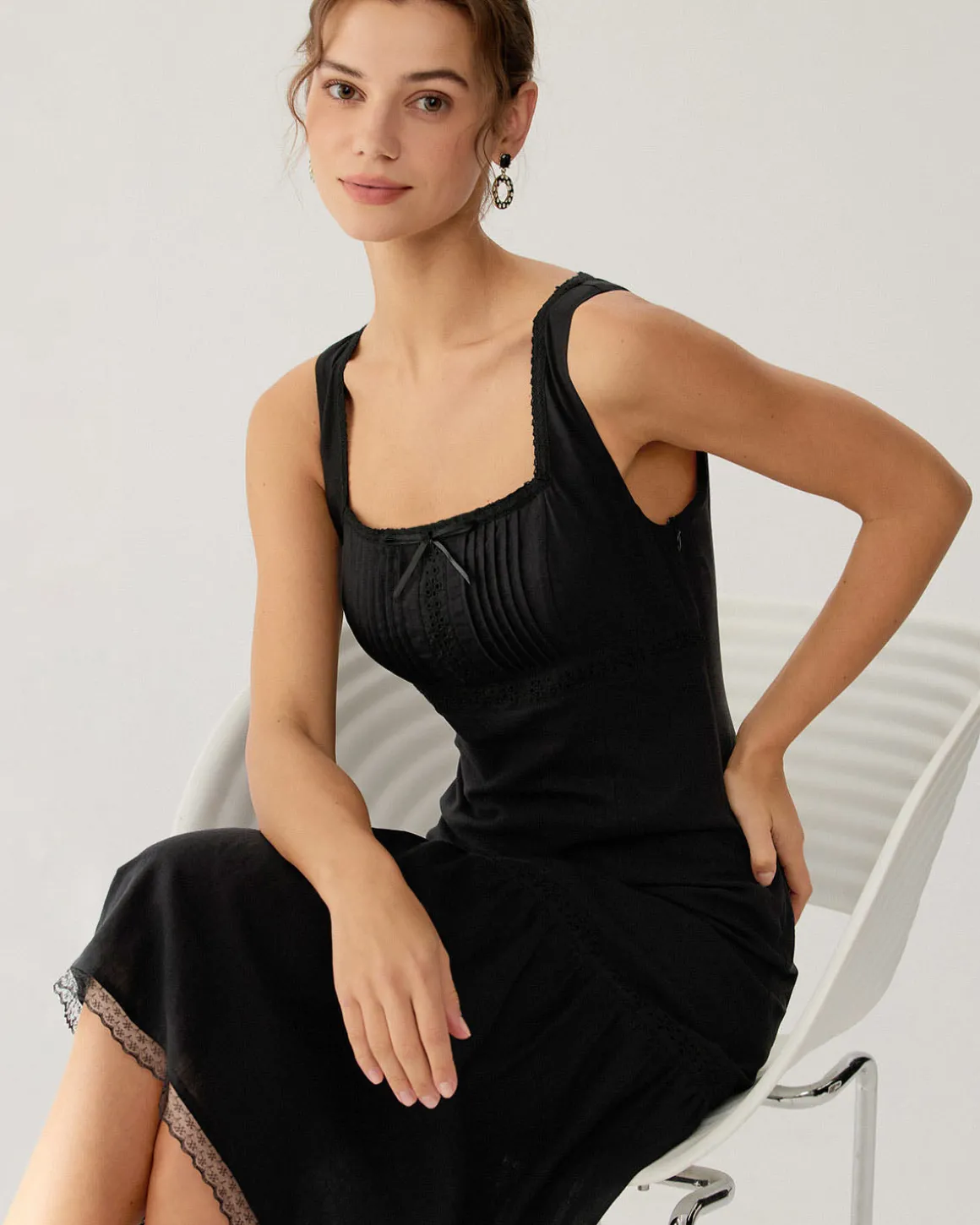 Black Square Neck Ruched Slip Midi Dress