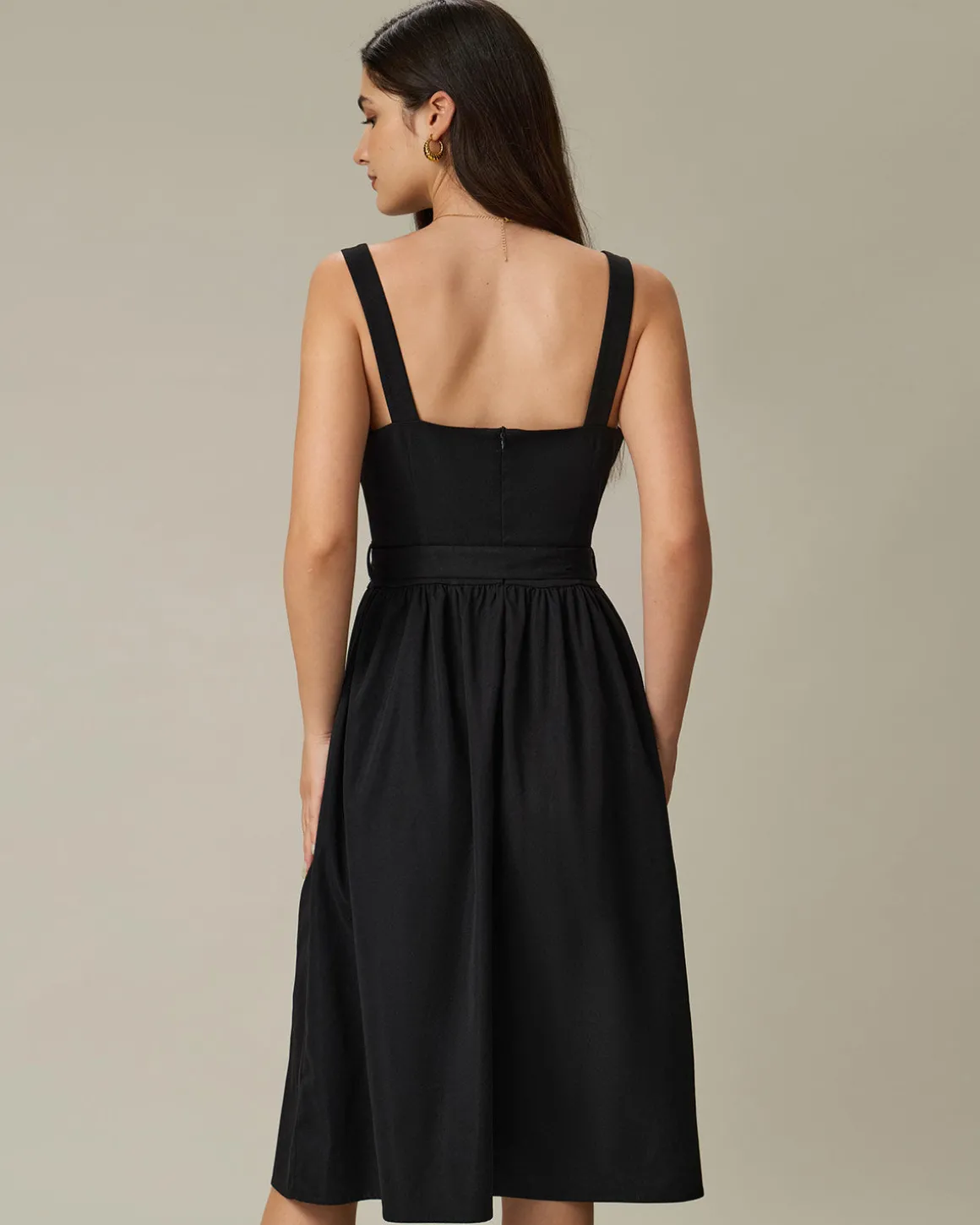 Black Square Neck Ruched Slip Midi Dress