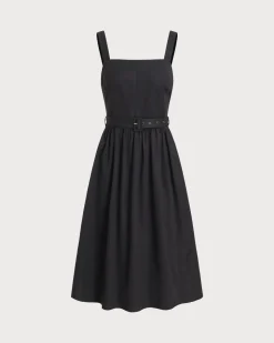 Black Square Neck Ruched Slip Midi Dress