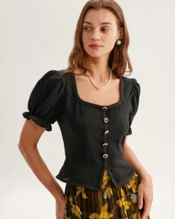 Black Square Neck Shirred Button Blouse