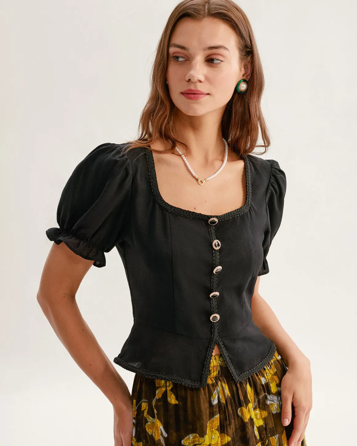 Black Square Neck Shirred Button Blouse