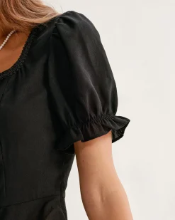 Black Square Neck Shirred Button Blouse