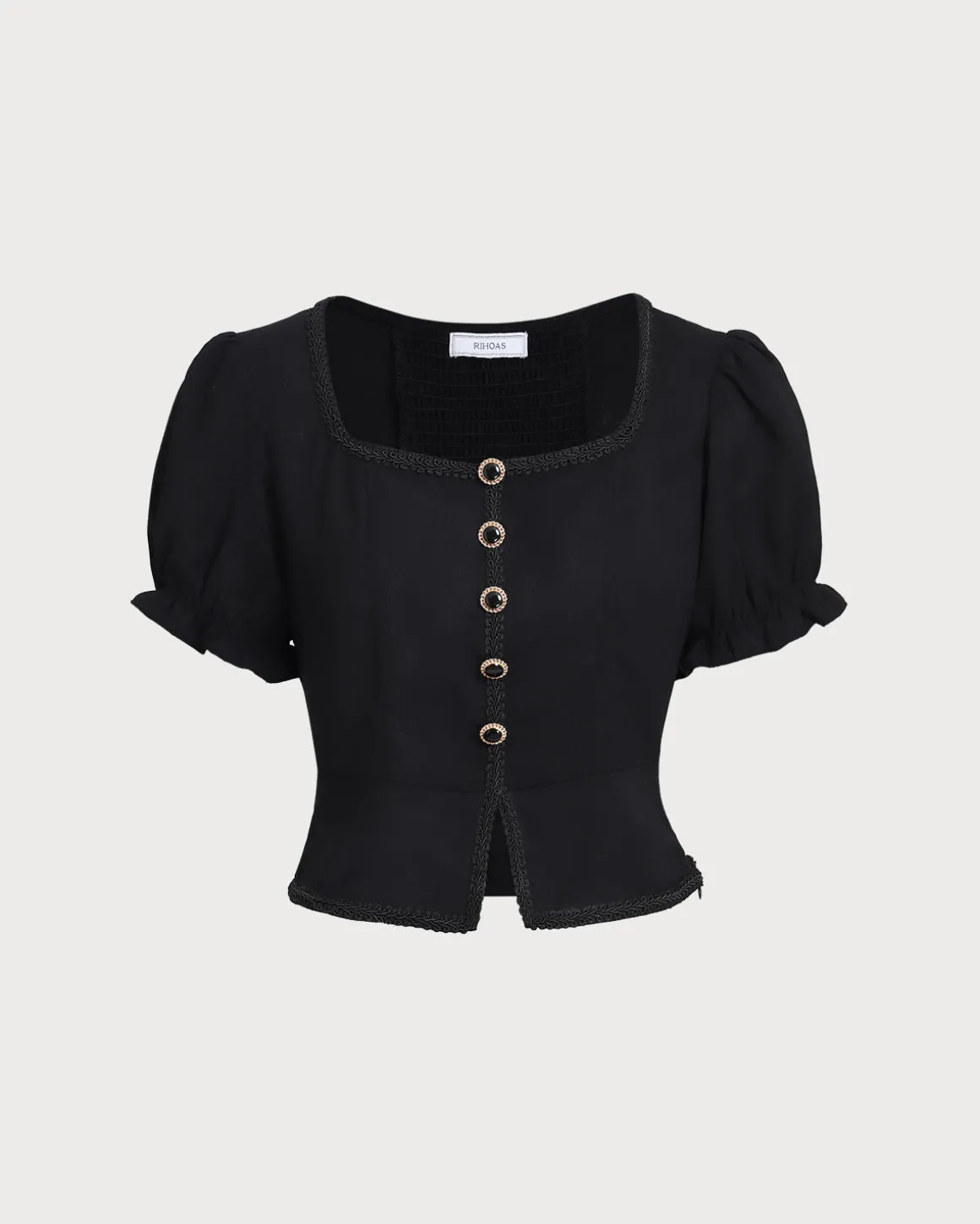Black Square Neck Shirred Button Blouse