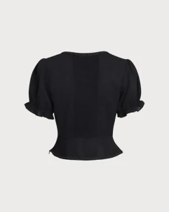 Black Square Neck Shirred Button Blouse