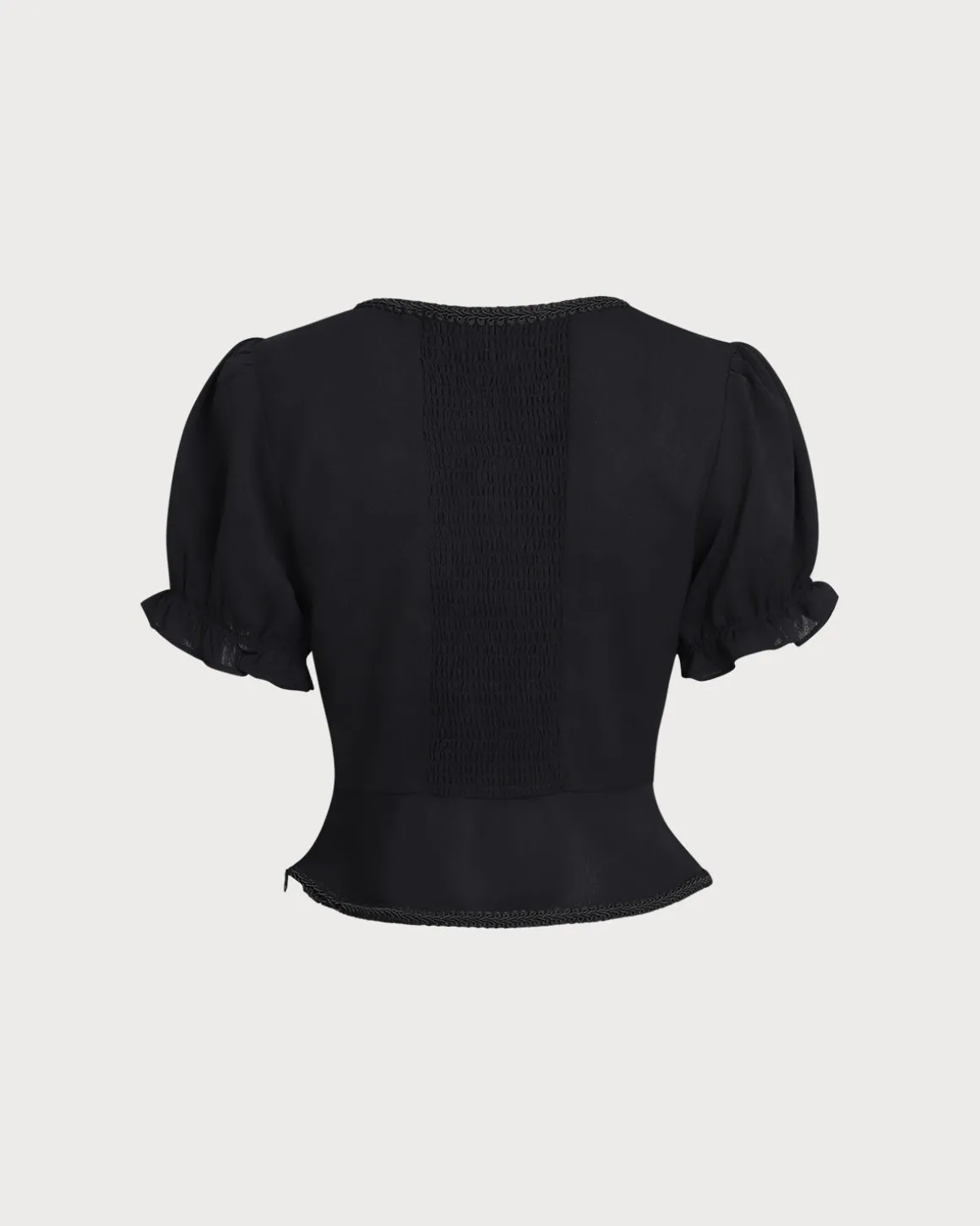 Black Square Neck Shirred Button Blouse