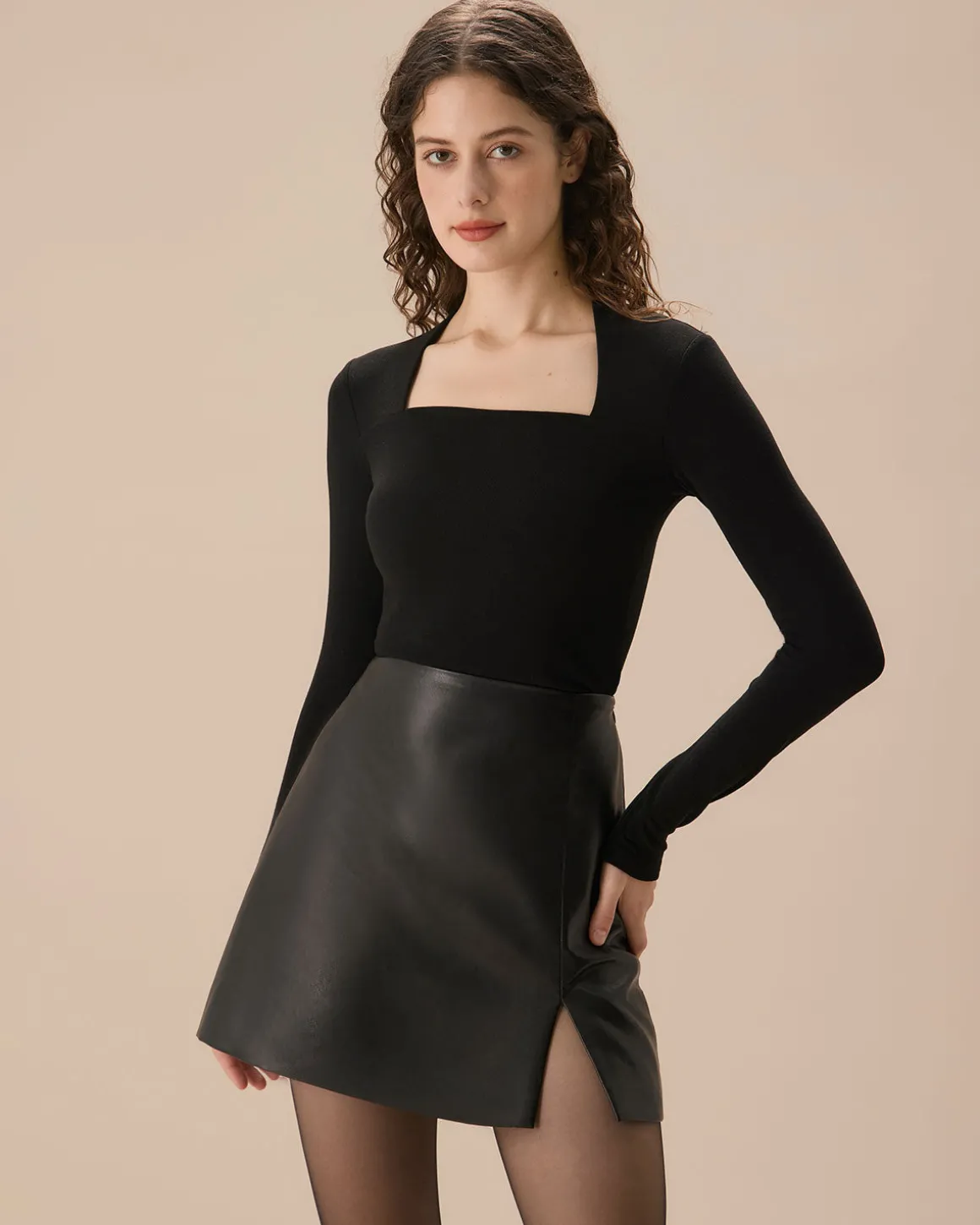 Black Square Neck Slim Knit Tee