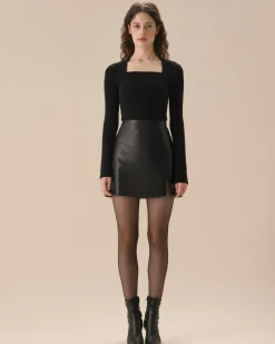 Black Square Neck Slim Knit Tee