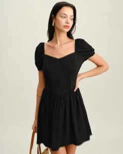 Black Sweetheart Neck Puffed Sleeve Mini Dress