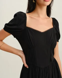 Black Sweetheart Neck Puffed Sleeve Mini Dress