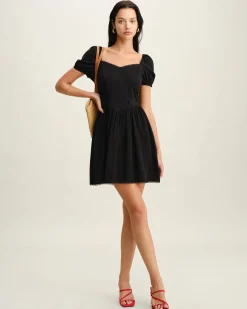 Black Sweetheart Neck Puffed Sleeve Mini Dress