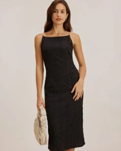 Black Textured Bodycon Beaded Strap Midi Dress