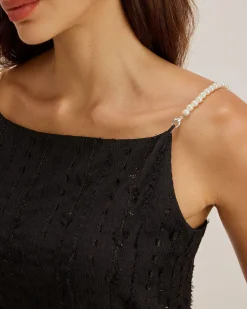 Black Textured Bodycon Beaded Strap Midi Dress