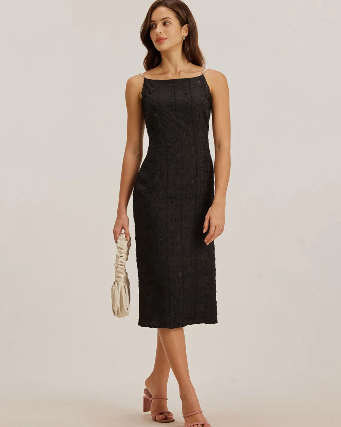 Black Textured Bodycon Beaded Strap Midi Dress