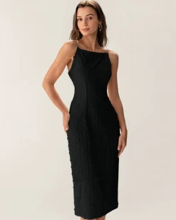 Black Textured Bodycon Beaded Strap Midi Dress