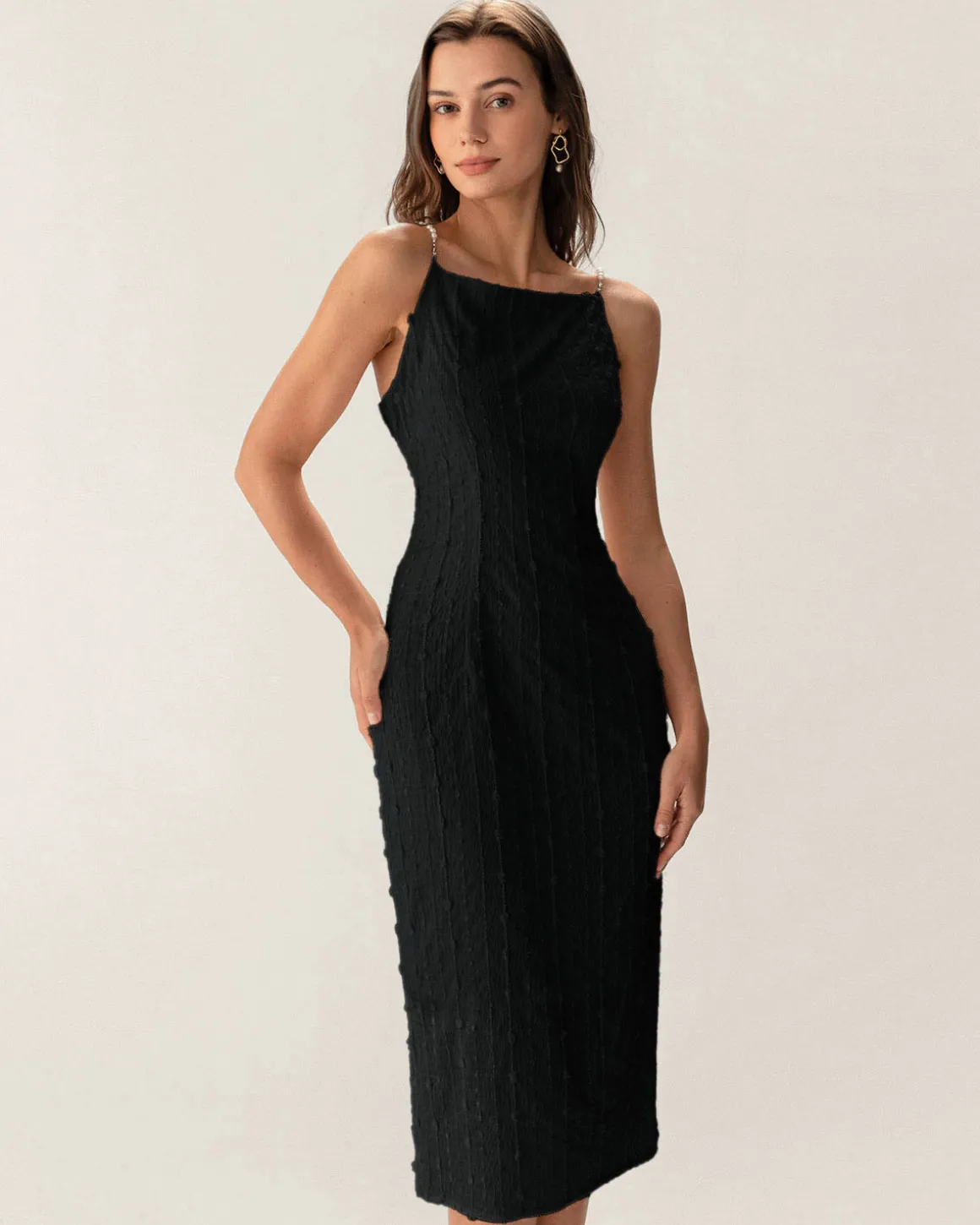 Black Textured Bodycon Beaded Strap Midi Dress