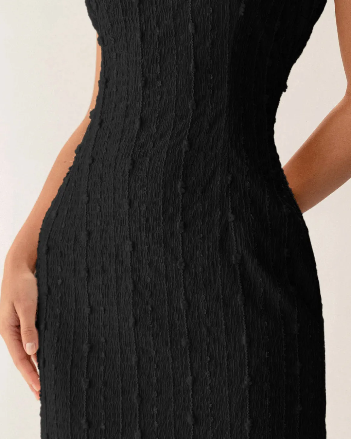 Black Textured Bodycon Beaded Strap Midi Dress