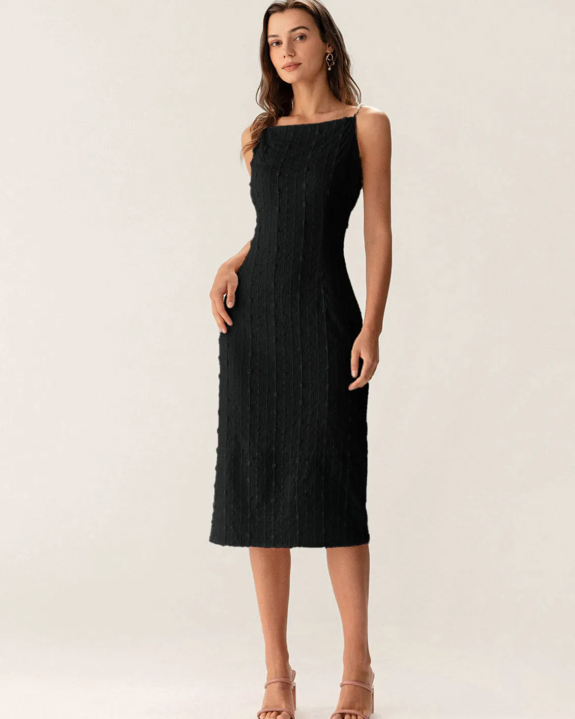 Black Textured Bodycon Beaded Strap Midi Dress
