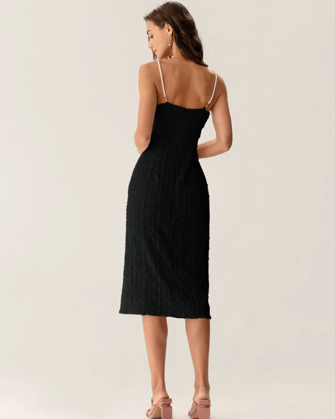 Black Textured Bodycon Beaded Strap Midi Dress