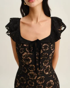 Black Textured Ruffle Mermaid Midi Dress