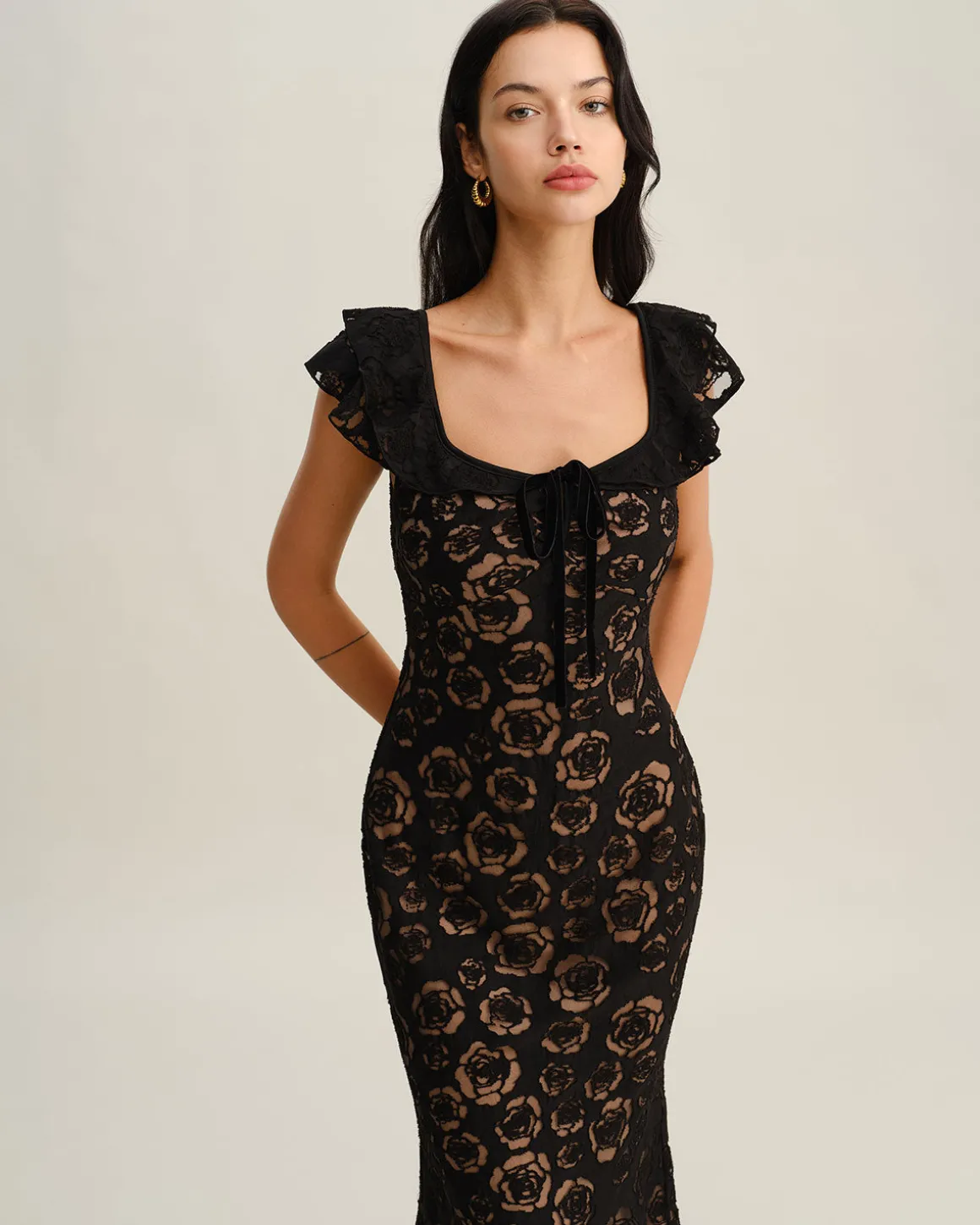 Black Textured Ruffle Mermaid Midi Dress
