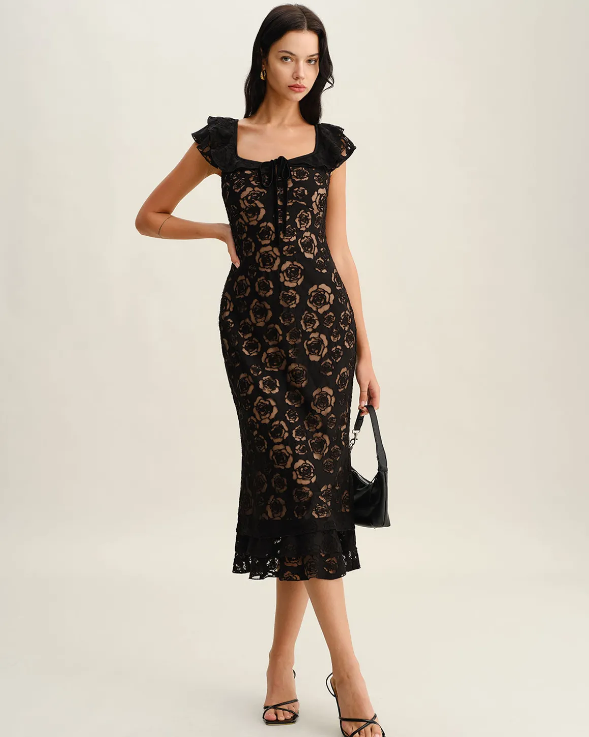 Black Textured Ruffle Mermaid Midi Dress
