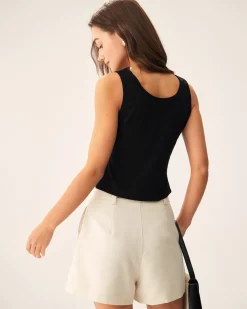 Black U-Neck Button Knit Tank Top