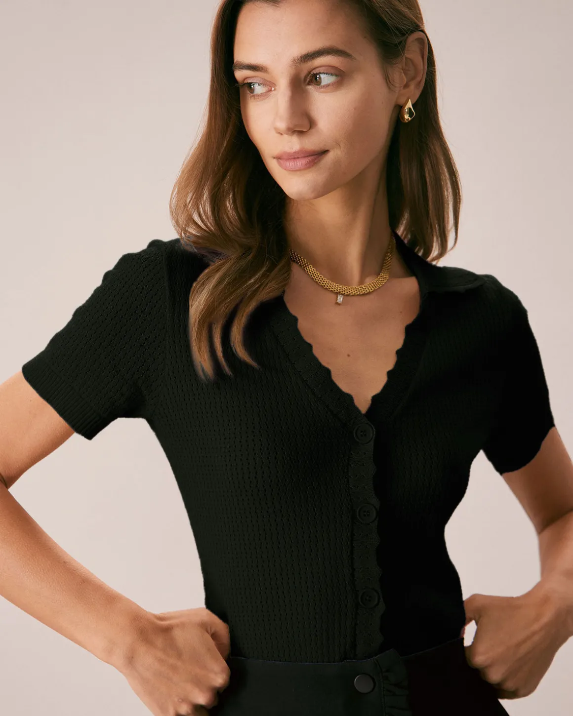 Black V Neck Button Pointelle Knit Tee