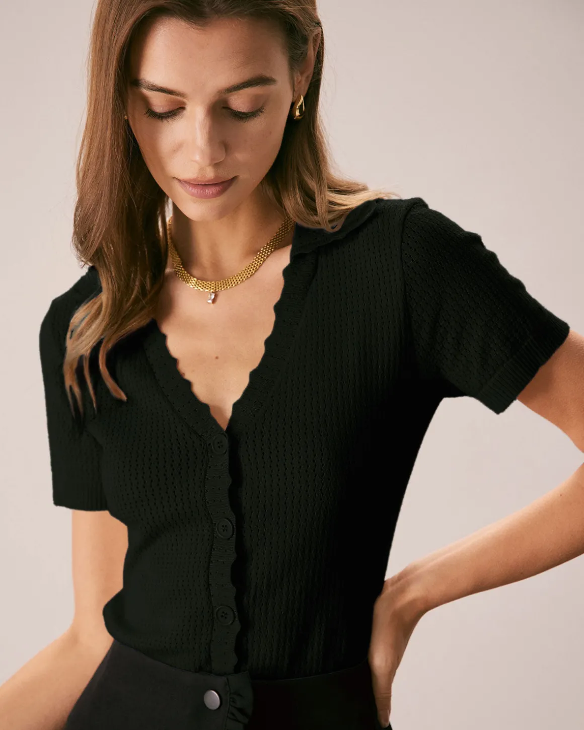 Black V Neck Button Pointelle Knit Tee