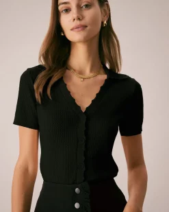 Black V Neck Button Pointelle Knit Tee