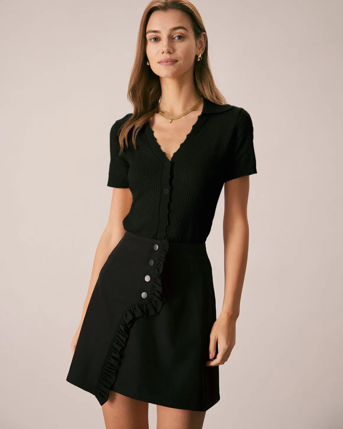 Black V Neck Button Pointelle Knit Tee