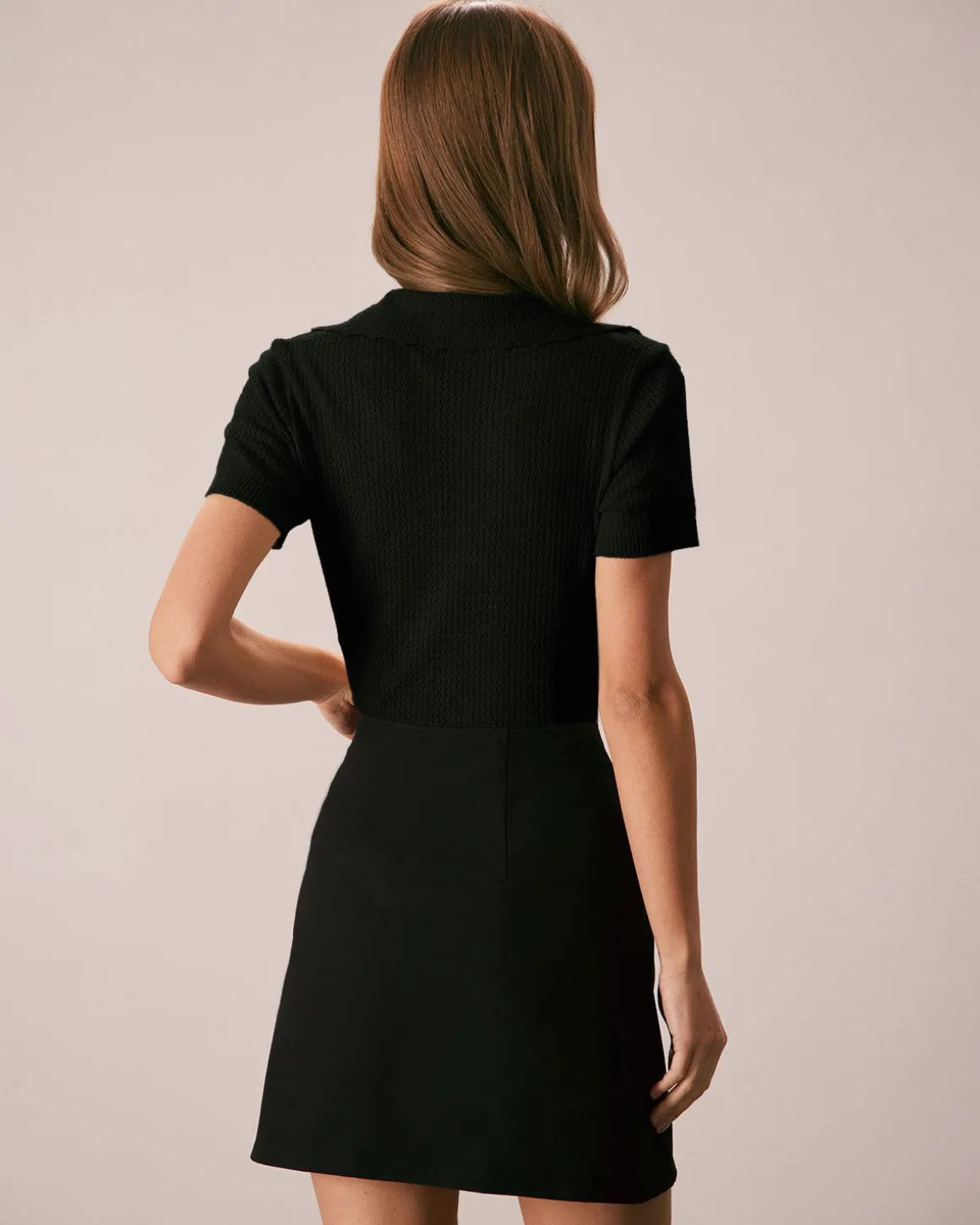 Black V Neck Button Pointelle Knit Tee