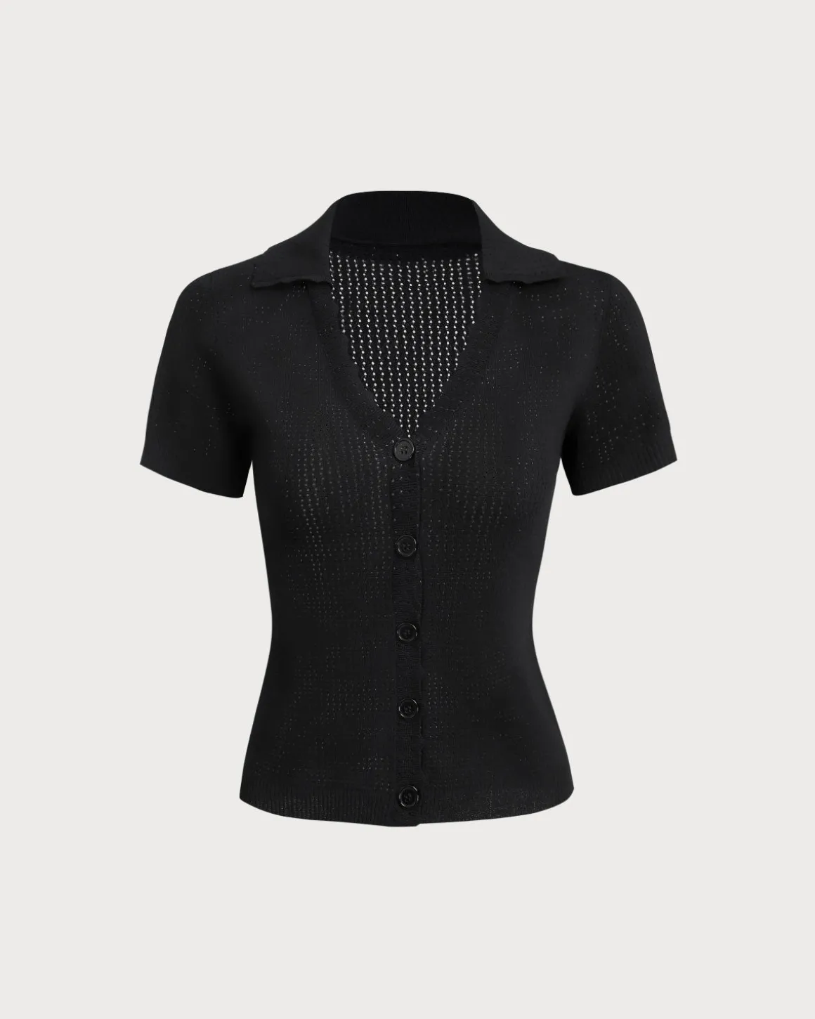 Black V Neck Button Pointelle Knit Tee