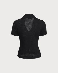 Black V Neck Button Pointelle Knit Tee