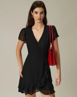 Black V Neck Chiffon Mini Dress