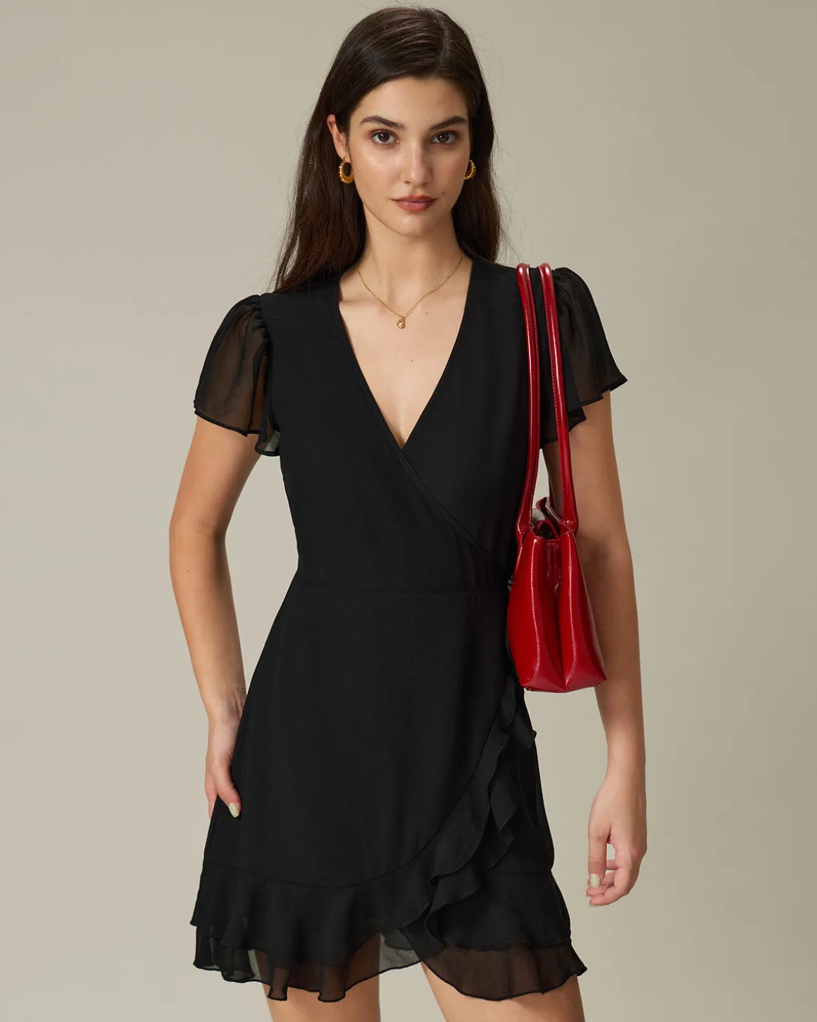 Black V Neck Chiffon Mini Dress