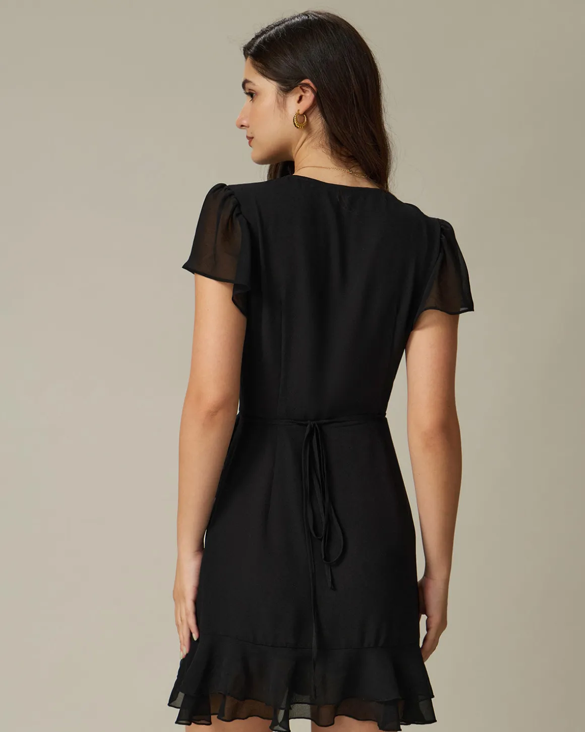 Black V Neck Chiffon Mini Dress