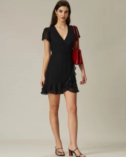 Black V Neck Chiffon Mini Dress