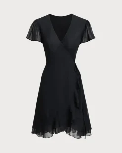 Black V Neck Chiffon Mini Dress