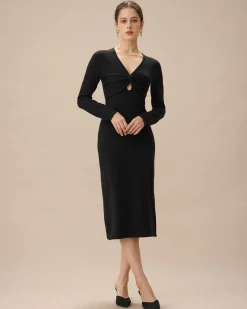 Black V Neck Cut Out Bodycon Sweater Dress
