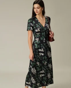 Black V Neck Floral Midi Dress